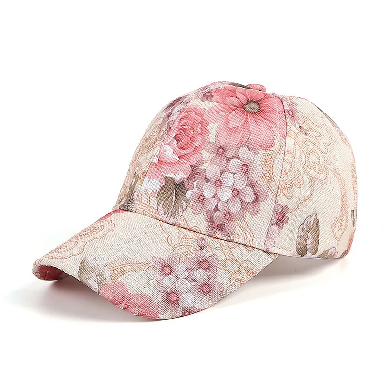 Printed Women Fancy Romantic Flower Baseball Cap Hats 6 Panels Floral 2024 Spring Summer Polyester Bright Adjustable Pink Blue