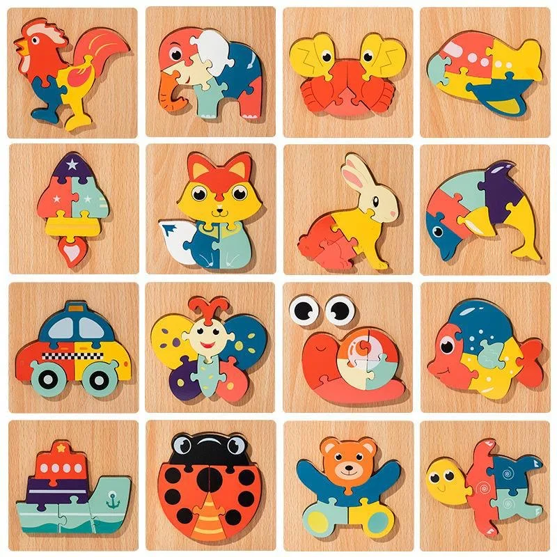 Hot Selling New Creative Early Education Learning 3D Geometric Jigsaw Board Wooden Cartoon Animal Puzzle Classical Wooden Toy