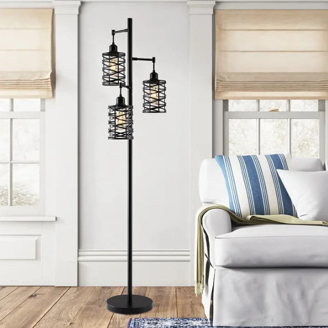 Iron Cage Floor Lamp Bedside Study Office Country Bedroom Three-head Lamp Nostalgic Retro Standing Lamp