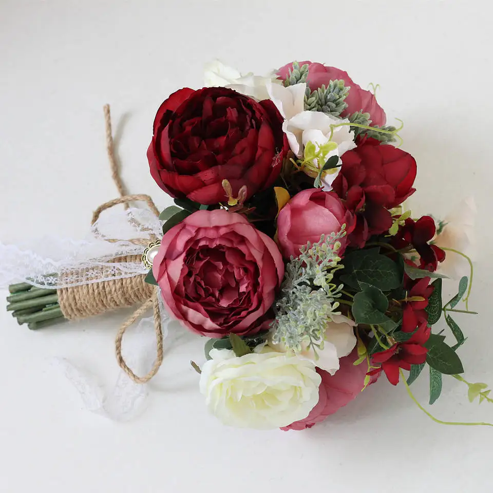 Partycool European Style Peony Bridal Shower Bouquet Silk Flowers Handmade Artificial Wedding Bridesmaid Hand Flower Bouquets