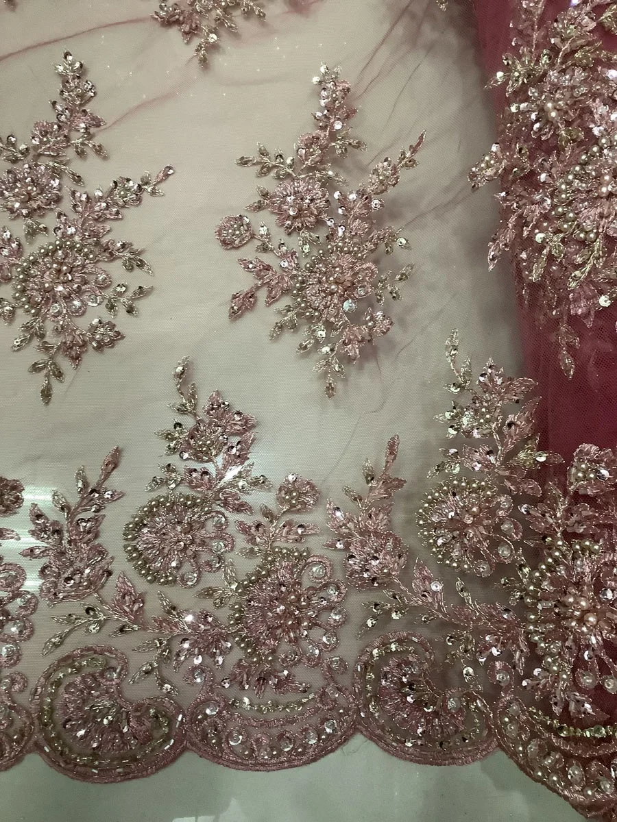 hot selling handmade heavy beaded sequin embroidery lace fabric for dress or bridal, wholesale stock fabric