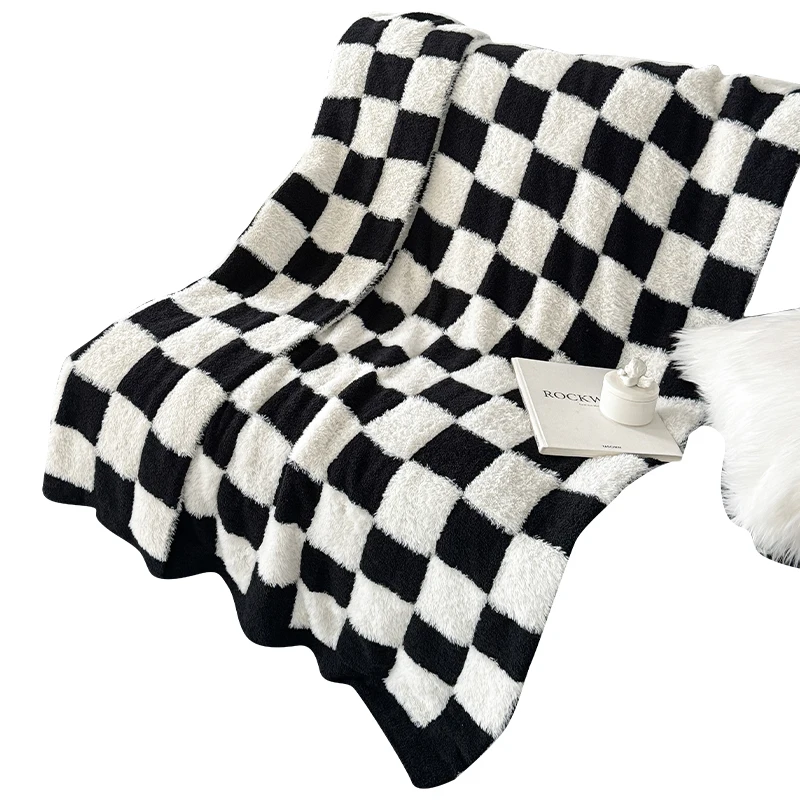 100% Polyester Baby Blanket 50*60in Fluffy Knitted Throw with Solid Striped Pattern Azo-Free Soft Feather Yarn Checkered Design