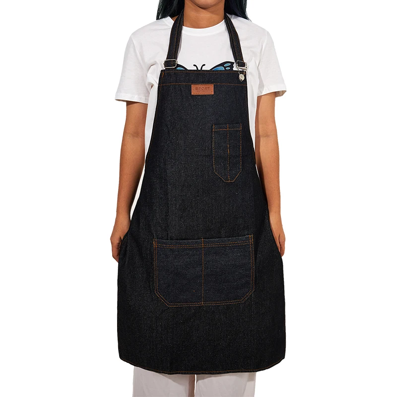 Hot sales fashion customize armitas barber hairdressing denim apron with pocket salon capes for hair cutting