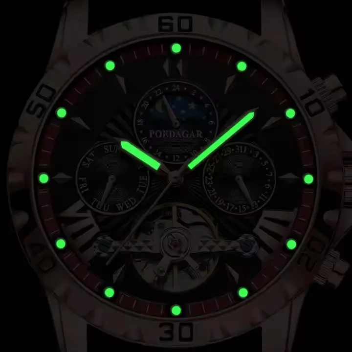 POEDAGAR 1410 Tourbillon Mechanical  Moon Phase Date Display Clock  Reloj Luxury Automatic Movement Hollow Out Watches For Men