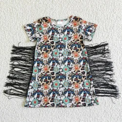Kids Summer Sunflower Fringe Dress Wholesale Baby Girl Short Sleeve Tassel Floral Leopard Clothing Children Toddler New Clothes