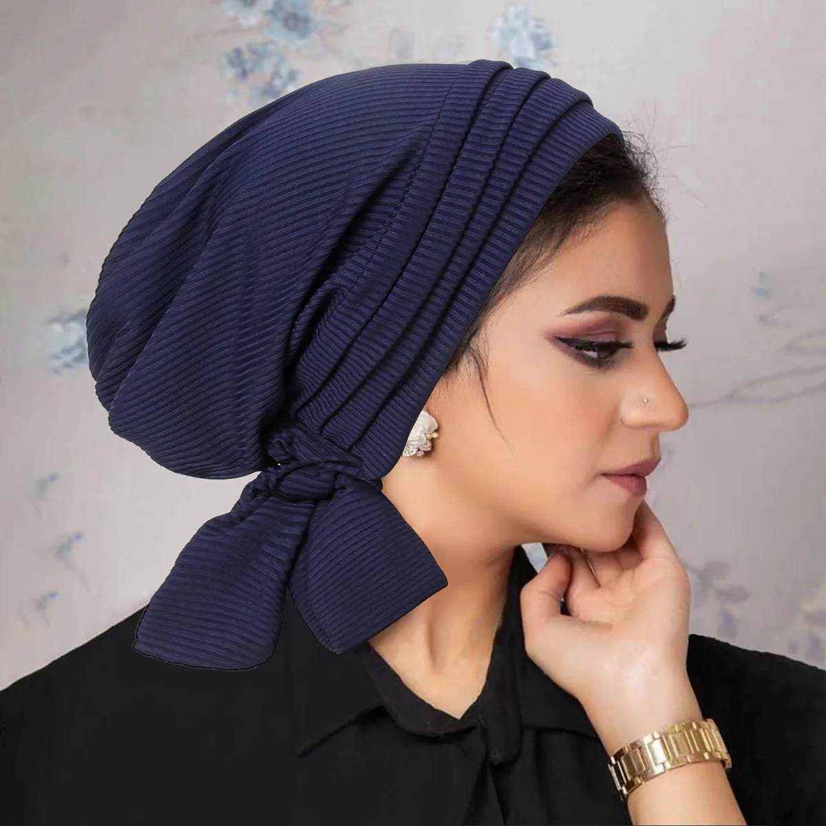 HZM-24026 Ethnic Style Muslim Solid Color Stretchy Turban Hats Head Cover Chemo Head Wraps Hat For Women Girls