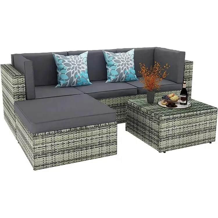 3 PCS Outdoor Furniture Wicker Sectional Sofa Sophisticated Glass Coffee Table Garden Set