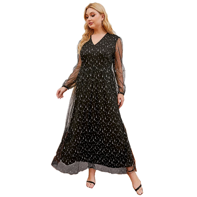 Women Black Lace Plus Size Maxi Evening Dresses With Sequined Mother Of the Bride Dresses