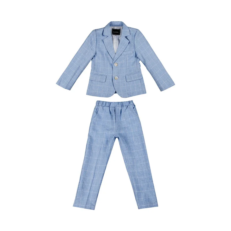 2024 Kids Boys Formal Suit Long Sleeve Grey Blue Plaid Tuxedo Set Gentleman Children Birthday Wedding Party Suits Boy Outfits