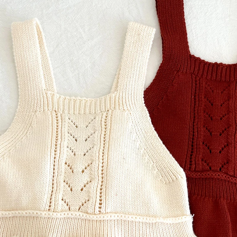 Paleo Baby Knitted Dress Square Neck Custom Kids Singlet Dress Cute Pointelle Knit Baby Girl Summer Romper Dresses