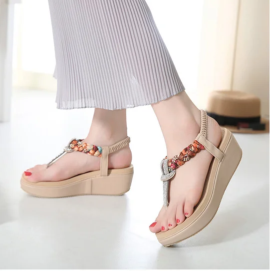 Summer bohemian style sandalia factory women shoes beach fashion rhinestones wedge thong girl lady sandal platform woman sandal