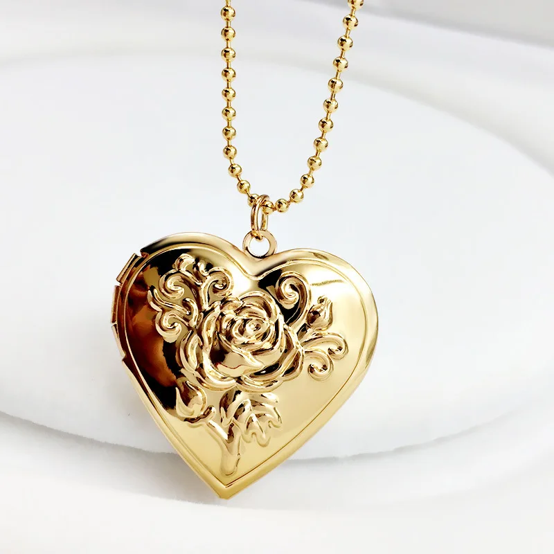 PVD Gold Plated Jewelry Stainless Steel Heart Shape Open Photo Frame Locket Necklace For Women