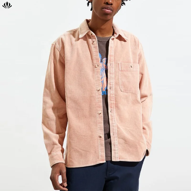 Solid Color Slightly Oversized Long Sleeves Cotton Corduroy Pointed Collar Workshirt Jacket for Men