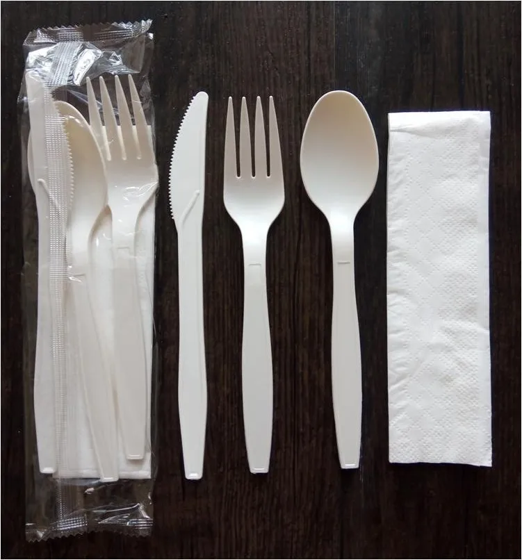 Eco Friendly Plastic Biodegrad  Cutleri Dispos Cornstarch 100% Compostable Cutlery Set With Napkin Knife Fork Spoon