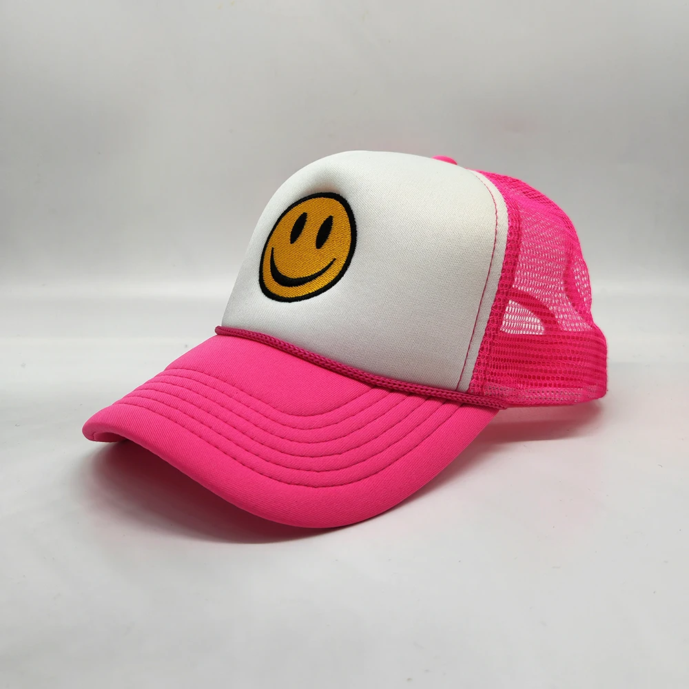 smile happy face logo gorras mesh foam cap embroidery trucker hat custom puff trucker hat