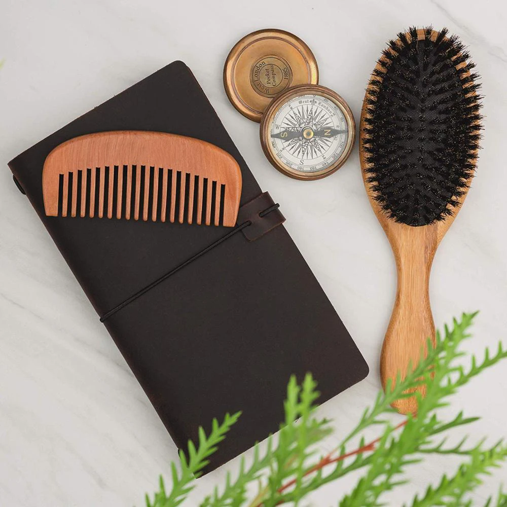 Wholesale Hot Selling oval wooden bamboo brush with wood comb set  bamboo boar bristle hair brush