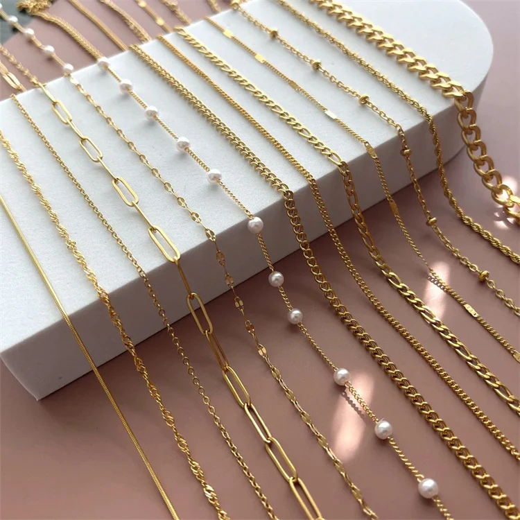 1pcs moq dainty chain women necklaces stainless steel  gold jewelry herringbone  rope twist lip beaded cuban curb figaro chain