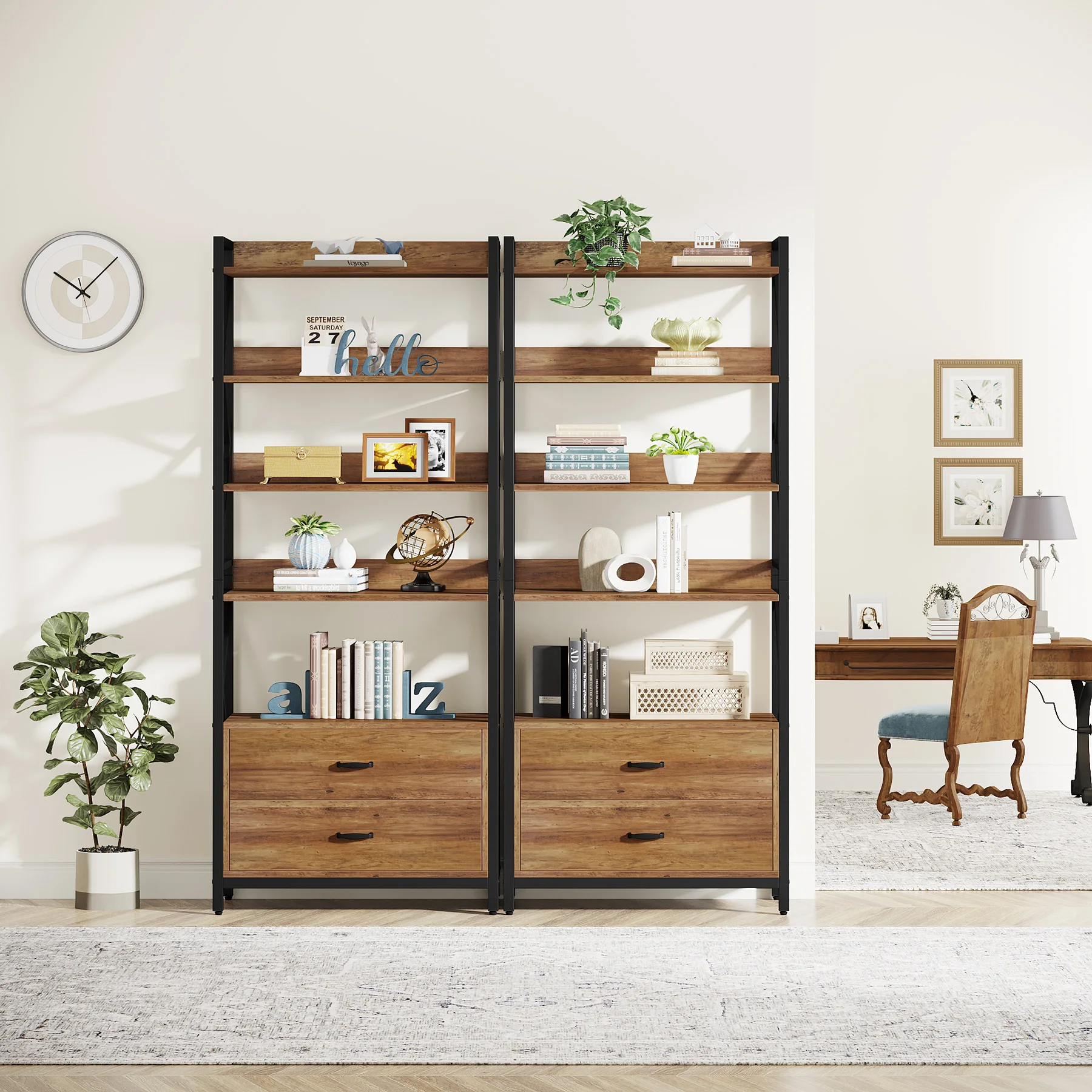 Tribesigns  Industrial 5-Tier Bookcase with 2 Drawers  book storage organizer display shelf rack