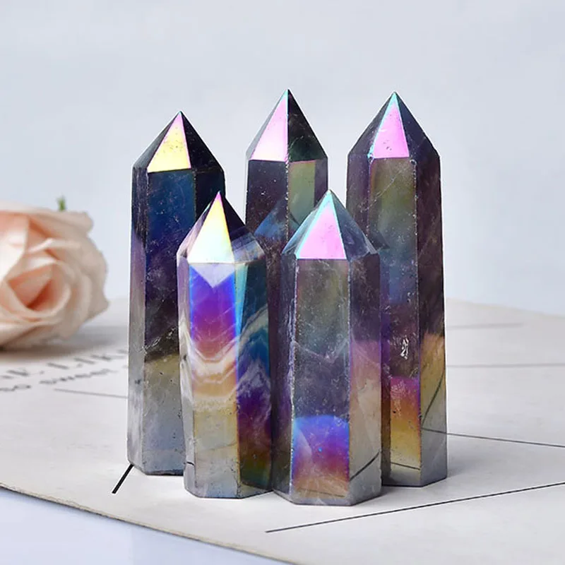 Natural Amethyst Electroplating Crystal Point Angel Aura Amethyst Point Crystal Tower Healing Crystal Wand