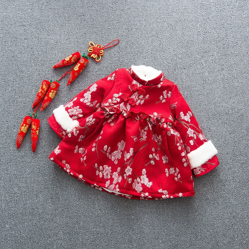 
2021 Chinese designs OEM Baby Girl Long Sleeve Dresses Cheongsam Chi-Pao Party Costume winter outfit fur outwear 
