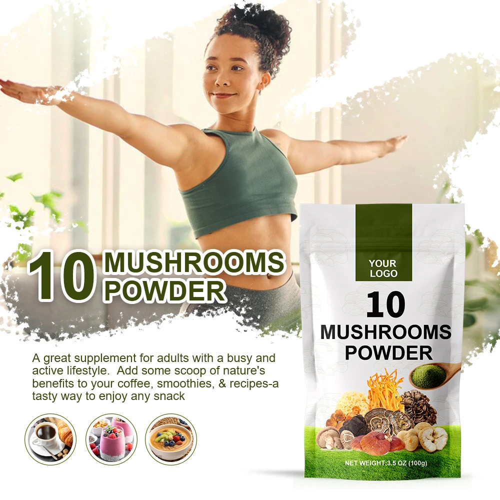 YOUR OWN LOGO Pure 10 in 1 Mushroom Blend Powder Wholesale Chaga Reishi Cordyceps Lions Mane 10 Type Mushroom Blend Extract