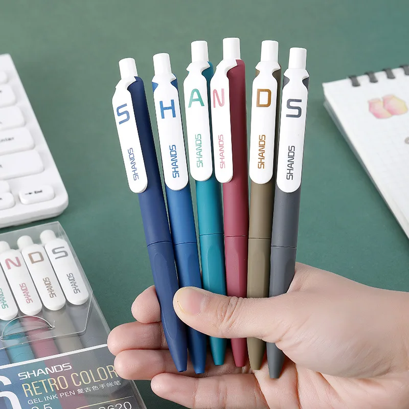 Новое поступление 2023 мягкая резиновая быстросохнущая цветная гелевая ручка набор из 6 палочек ручка-пресс в стиле ретро для детей и студентов