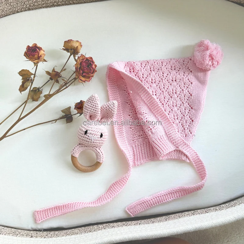 baby knitwear cutely knit bonnet Knitting Cap with Ear Flaps newborn cotton hats pom pom keep warm newborn beanies with rope