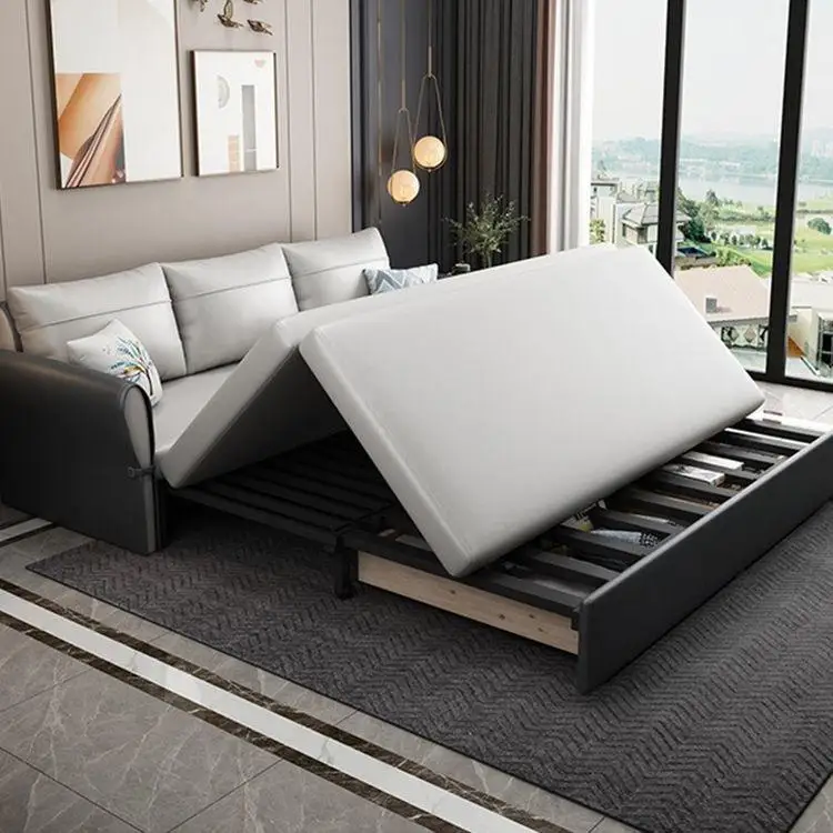 MORE DESIGN Comfortable Home Furniture Hotel 3 seat Wood Frames Fabric Leather Living Room Folding Sofa Bed with Storage