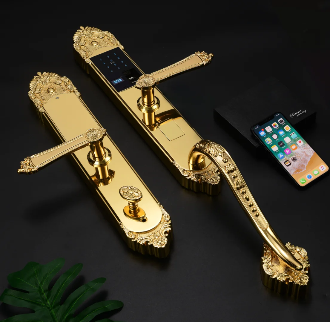 Однотонный кованый смарт-замок для двери из чистой меди с отпечатком пальца, античная латунь с ручкой, набор винтажных роскошных моделей