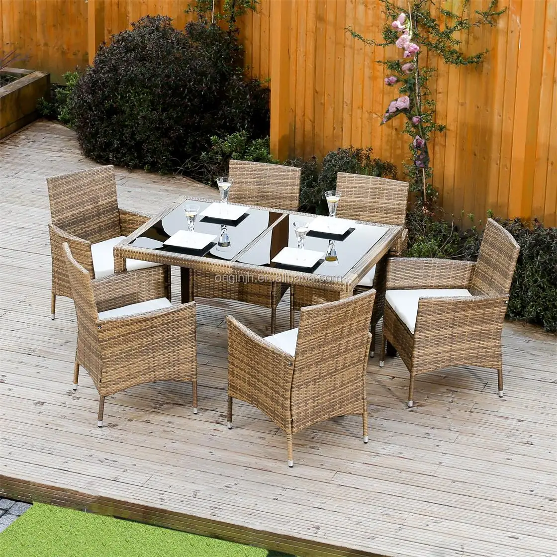 Outdoor modern wicker rattan rectangular table and dining set furniture high back designed garden table chair sets