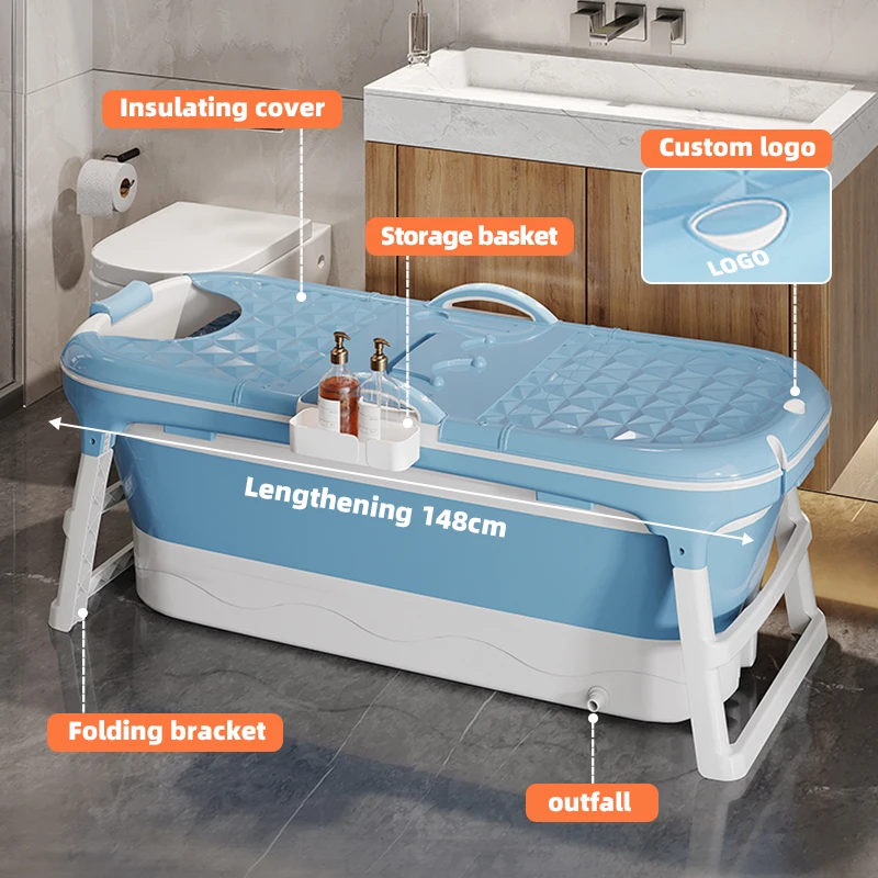 Wannuo 1.48m Portable Bath Tub Easy to Store Foldable Bathtub Adult Plastic Folding Adult Bathtub With Cover and Massage Roller