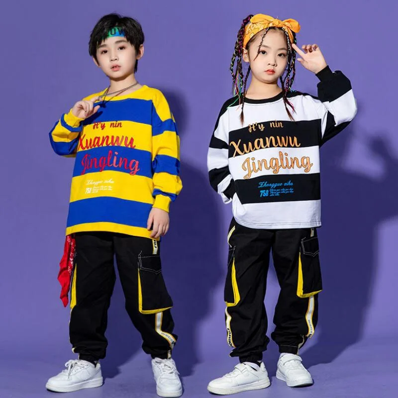 Kids Kpop Teen Hip Hop Clothing Stripe Sweatshirt Tops Cargo Pants Streetwear For Girl Boy Jazz Dance Costume Showing Clothes
