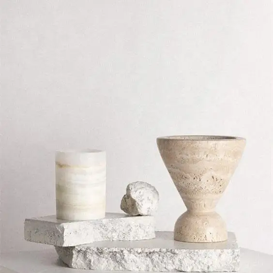 natural Beige Travertine Marble Stone Wood Mubkhar Incense Burner Holder