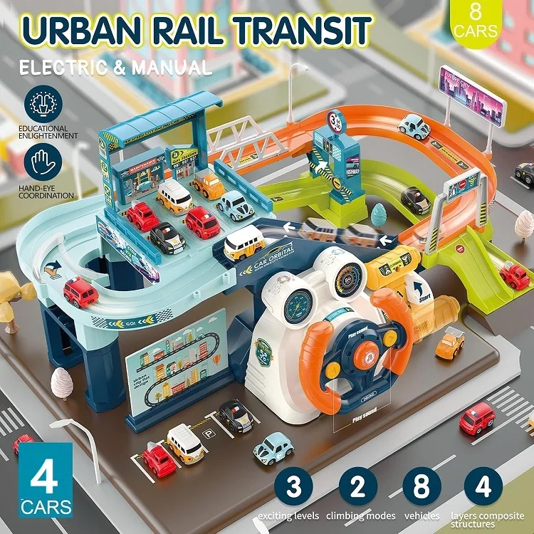 Hot Selling Kids Race Tracks Slot Toys 2 In 1 Urban Rail Track Toys Musical Steering Wheel Race Track Toys With Lighting,Music