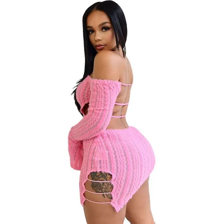 Cut Out Mini Dresses 2023 New Off Shoulder Bodycon Dress Women Sexy Night Club Pink Black Backless Slit Short Dress