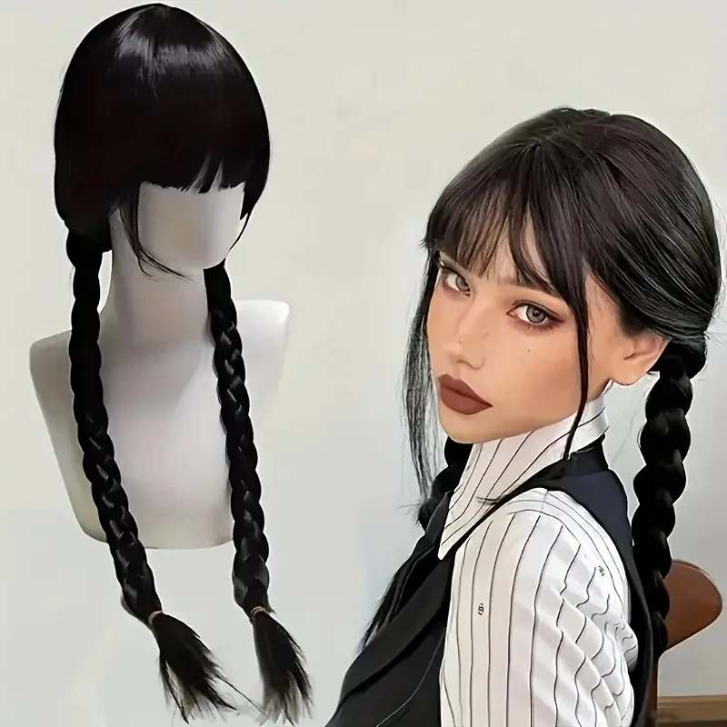 Women Girls Adult Dress Up Party Halloween Gothic Cosplay  Black Braids Wigs With Bangs