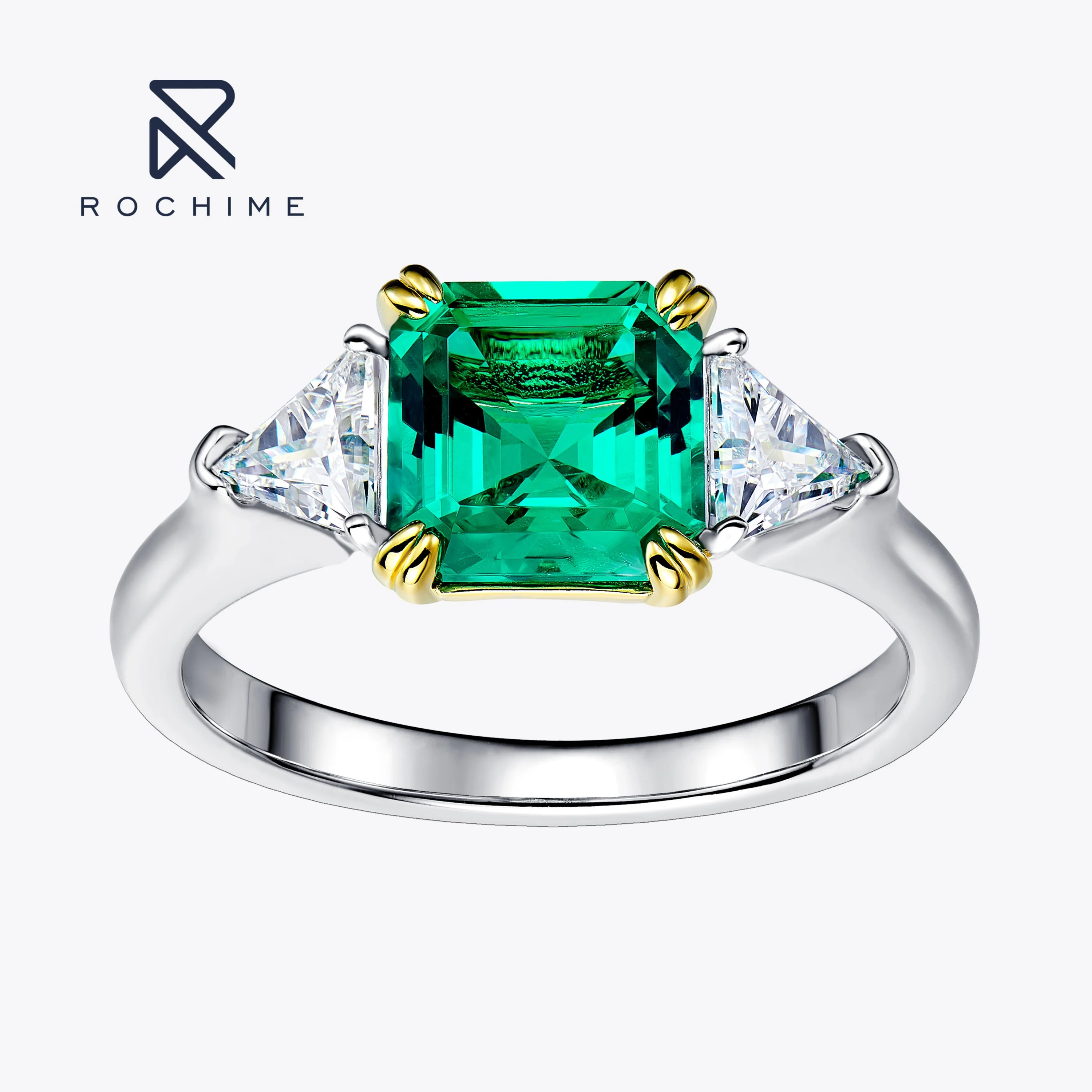 Rochime fashion asscher cut lab grown emerald ring 925 sterling silver white gold plated  zirconia woman jewelry ring