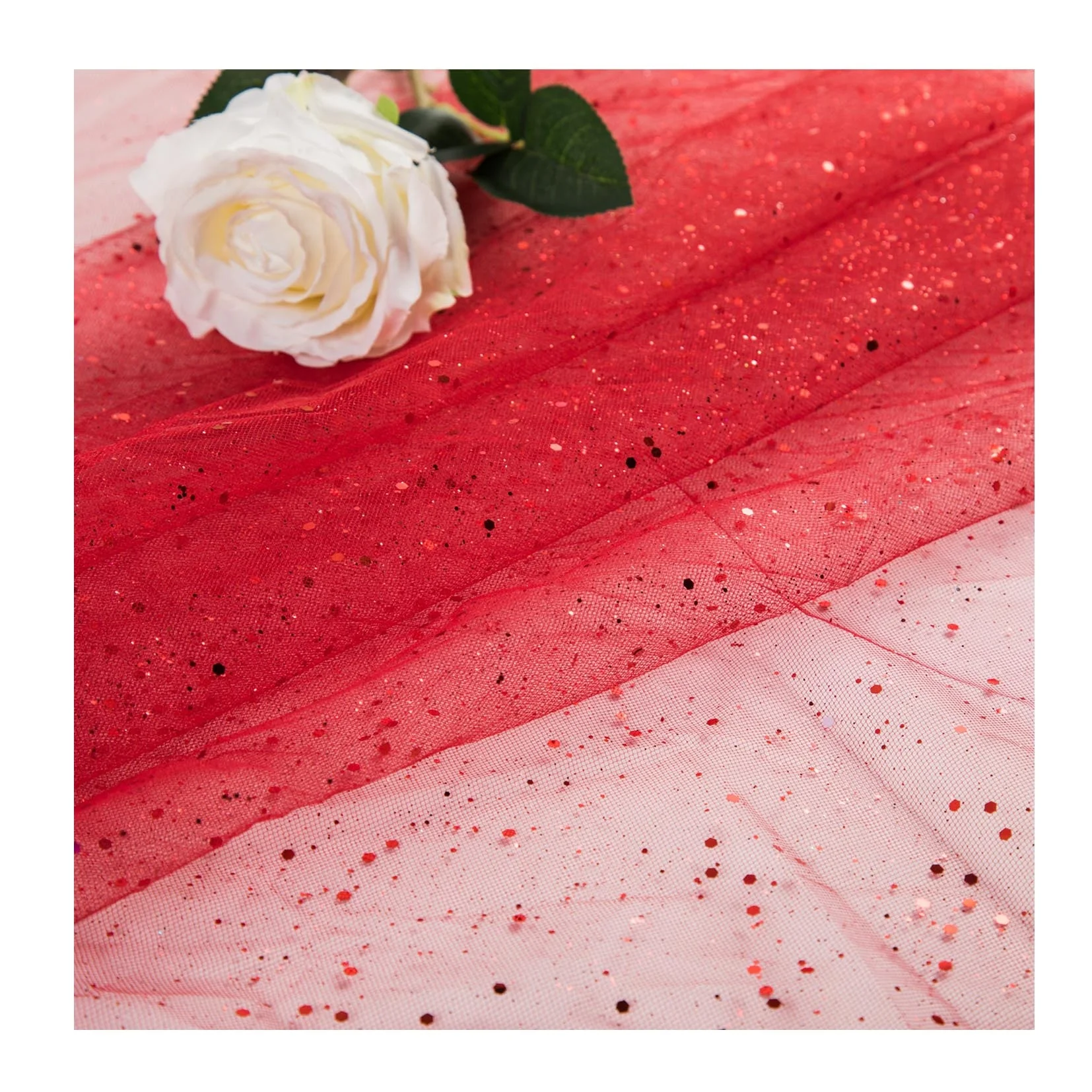 Оптовая продажа, дышащие платья красного цвета, вышитые прозрачные блестящие тюлевые сетчатые ткани для невесты