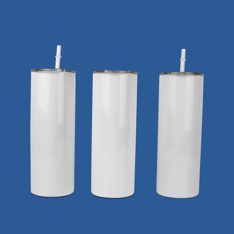 watersy 20oz straight skinny white sublimation blanks tumbler double wall insulated coffee mug with slide lid and plastic straw