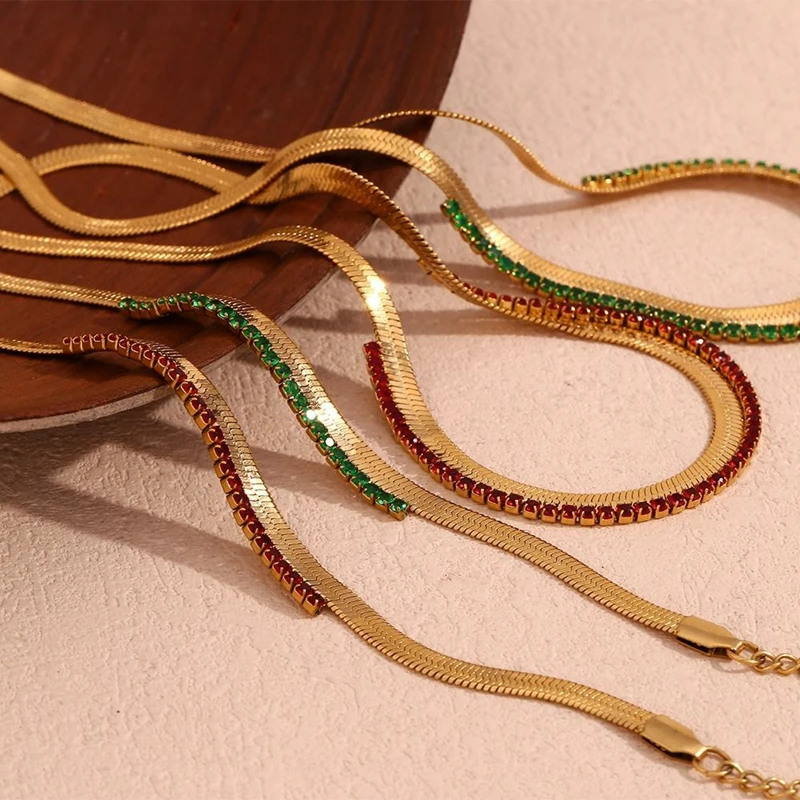 2024 Trend Vintage Gold Plated Stainless Steel Colorful Zircon Choker Link Pattern Fashionable Statement Jewelry Party Gift