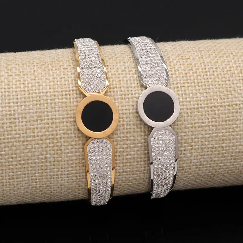 Fashion Women Jewelry Wholesale Custom Bracelet Gold Plated Roman numerals Micro Pave CZ Openable Cuff Stainless Steel Bangle