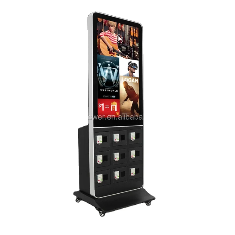 Public touch screen advertising machine cell phone charging station kiosk design with digital locker
