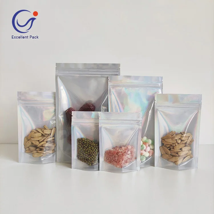 15x22 cm Custom Laser Film Packing One Side Clear Stand Up Pouch Holographic Cosmetic Bag