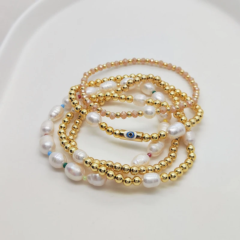 Cross Border Baroque Natural Pearl Bracelet Fashion 18K Gold Beaded Bracelet Vintage Devil Eye Enewton Bracelets for Women