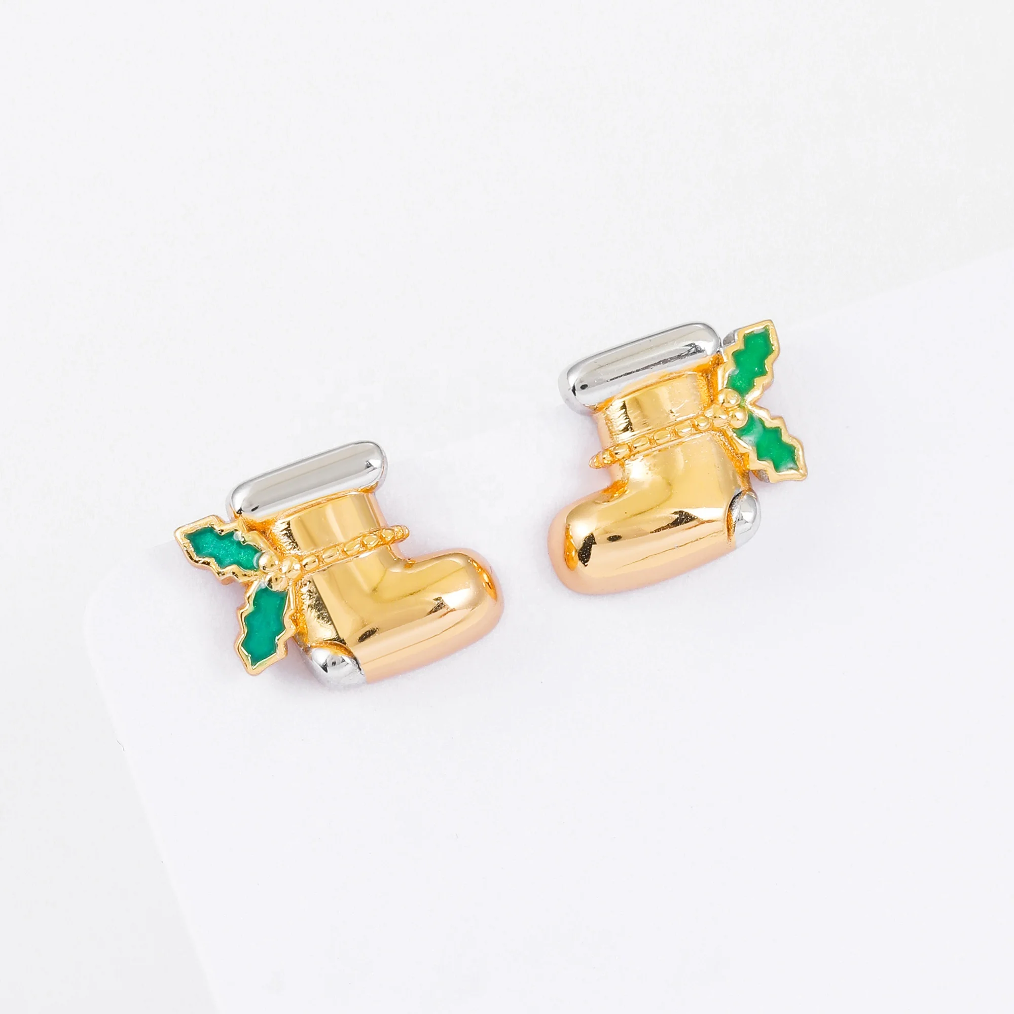 HAIKE Original 925 Sterling Silver Two Tone Plated Christmas Socks Stud Earrings Exquisite Small Jewelry Gift