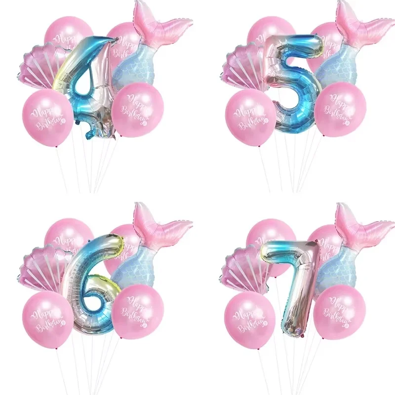 2024 Mermaid Tail Balloon Foil Latex Sea Shells Number Balloons Set Helium Gas Birthday Party Decorations Balloons