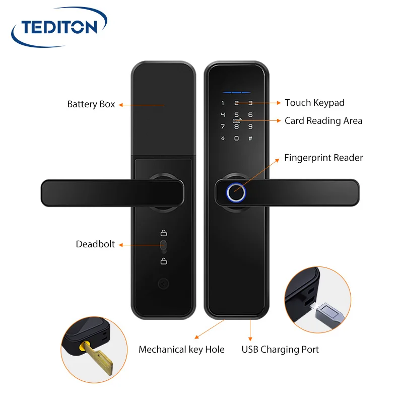 Tediton Customized Multiple National Languages Security Tuya Wifi Fingerprint Digital Smart Door Lock