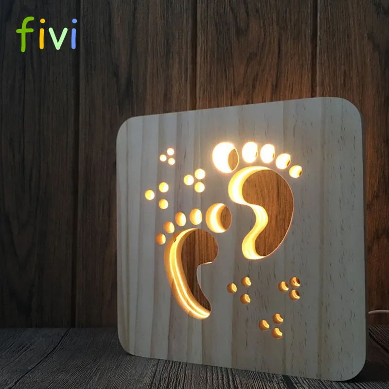 Creative Wood Lamp LED Night Light 3D Wood Carving Foot Sign Pattern USB Port Mood Lamp