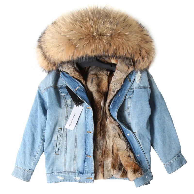 Maomaokon Natural raccoon fur collar denim jacket for Kids Girls Real rabbit fur lined warm denim coat