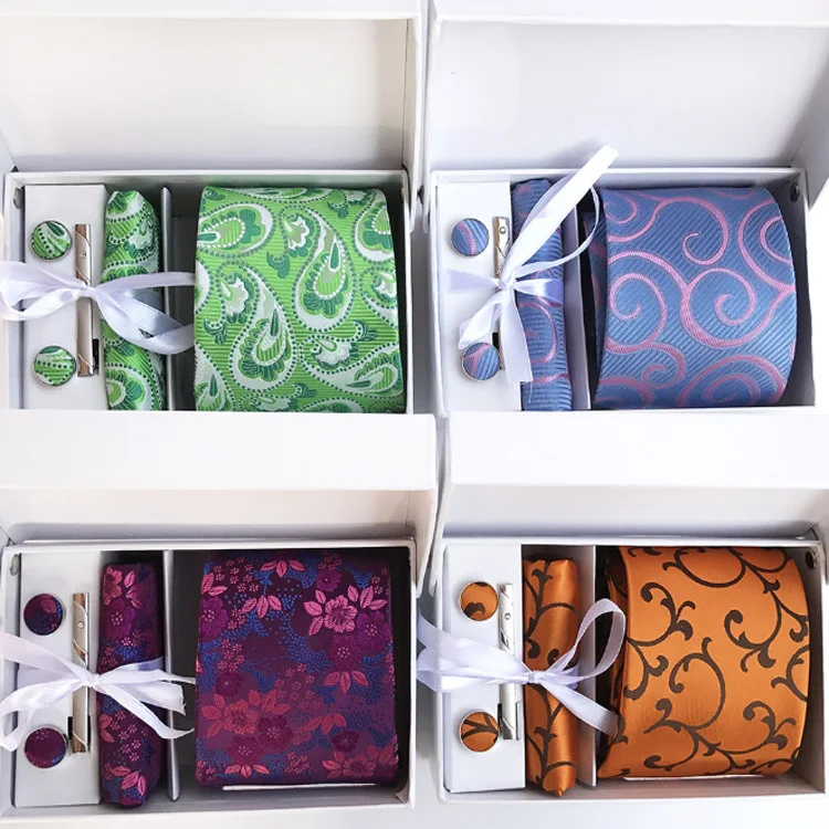 White Gift Box Custom Wholesale Black Men Striped Silk Tie and Hanky Sets Cufflink Tie Set Necktie Sets